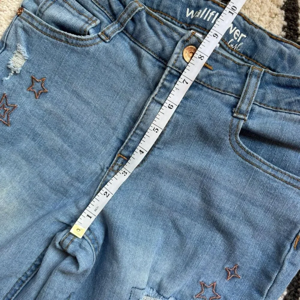 Wallflower Girls Distressed Flare Jeans Size 16 Star Embroidered Frayed Blue Y2K